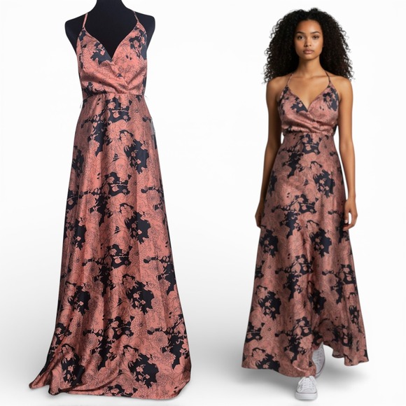Lulus Dresses & Skirts - Lulus Size M Floral Brocade Halter Maxi Dress Rose Gold Black VNeck Evening Gown
